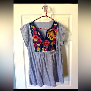 Striped Blouse with Floral Embroidery